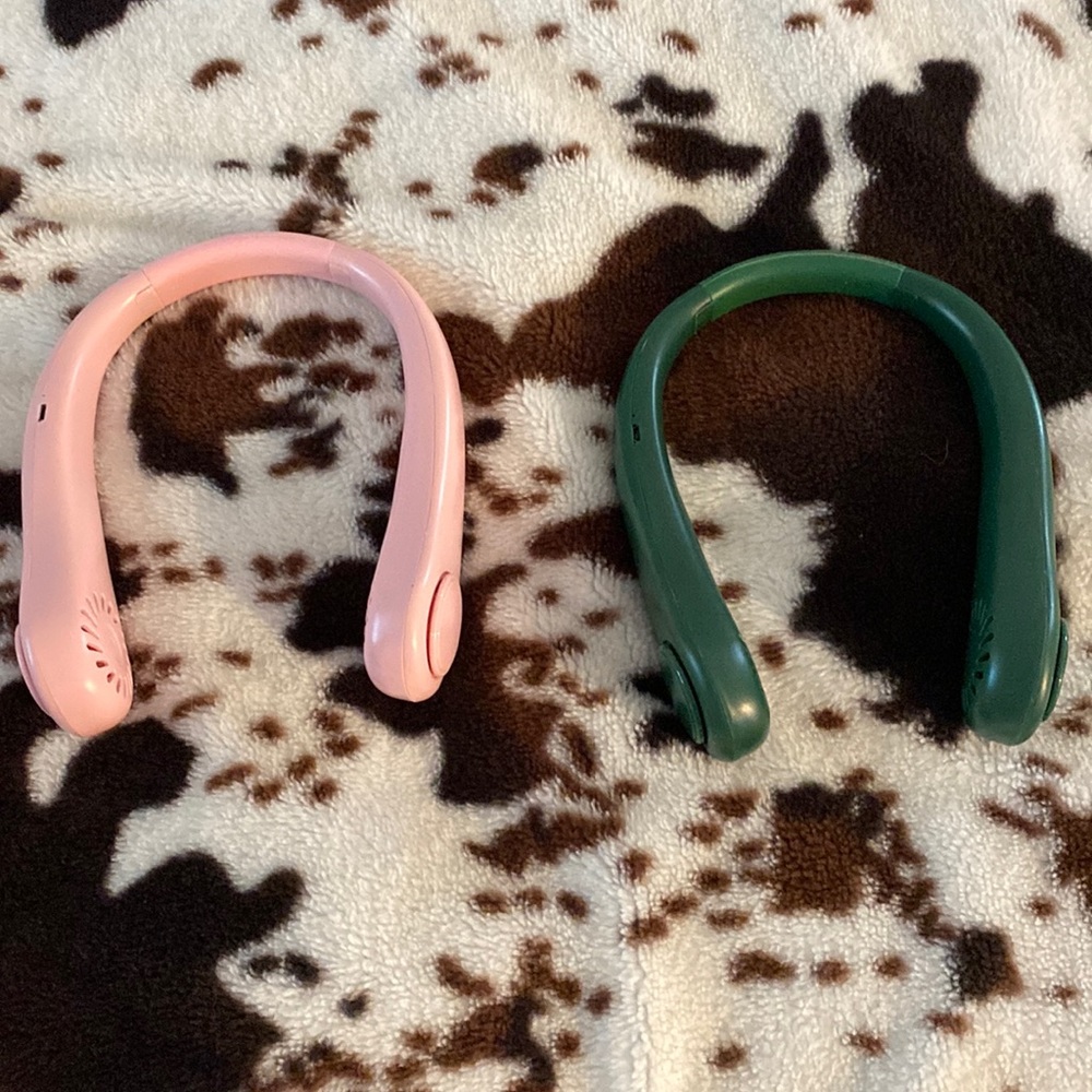 Pink and green adjustable neck fans